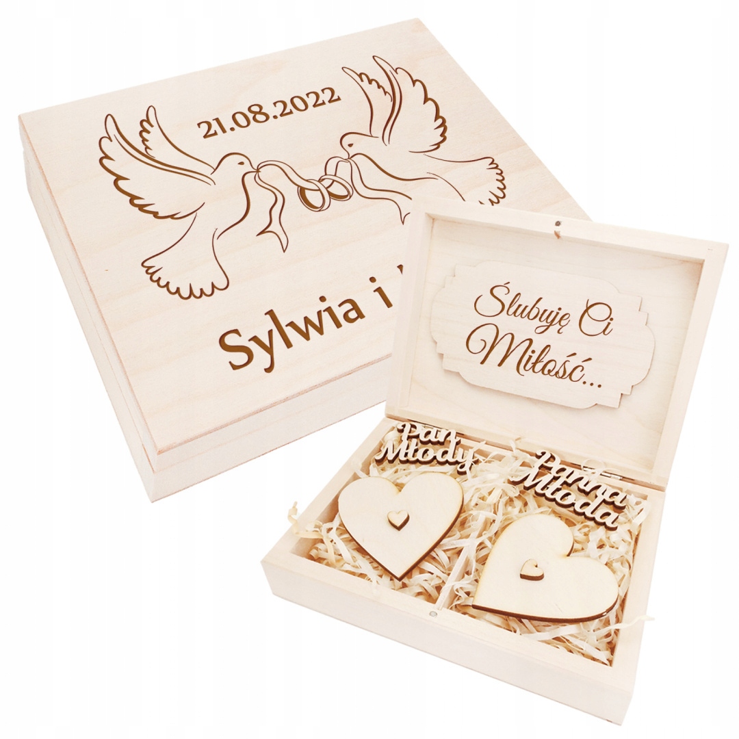 

Pudełko na obrączki zmotywem gołębi z grawerem