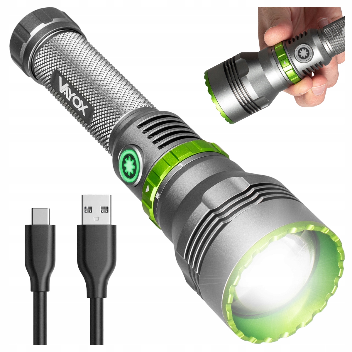 Led Taktická Akumulátorová Lampa Vodotěsná Usb-c Zoom 1000lm Pro Vayox