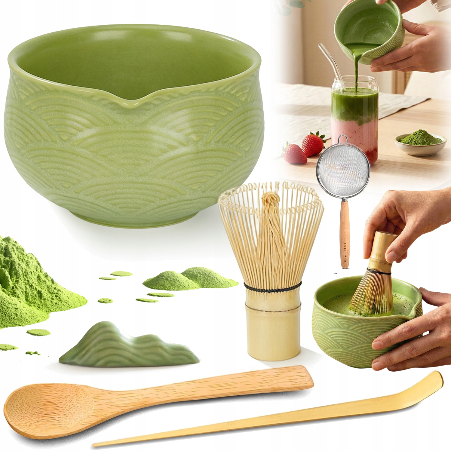 Bambusowy Zestaw Do Robienia Matchy Trzepaczka Łyżka Chasen, Miotełka 7EL