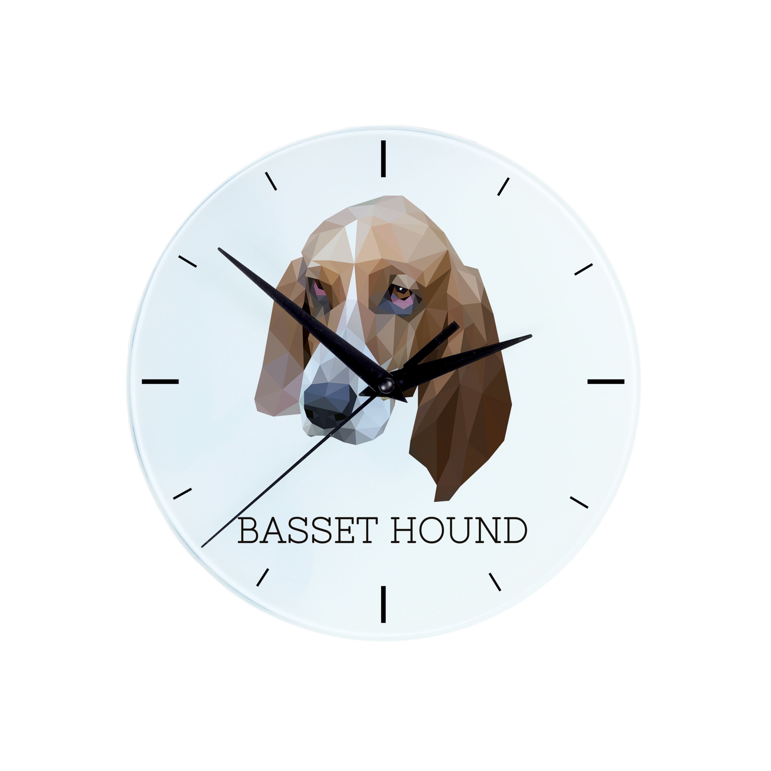 Basset Hound skleněné závěsné nástěnné hodiny s geometrickým psem