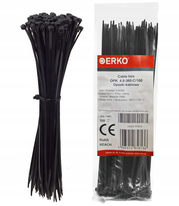 Opaski Kablowe Zaciskowe Czarne Trytki Trytytki 4,8x360 Erko 100 Sztuk