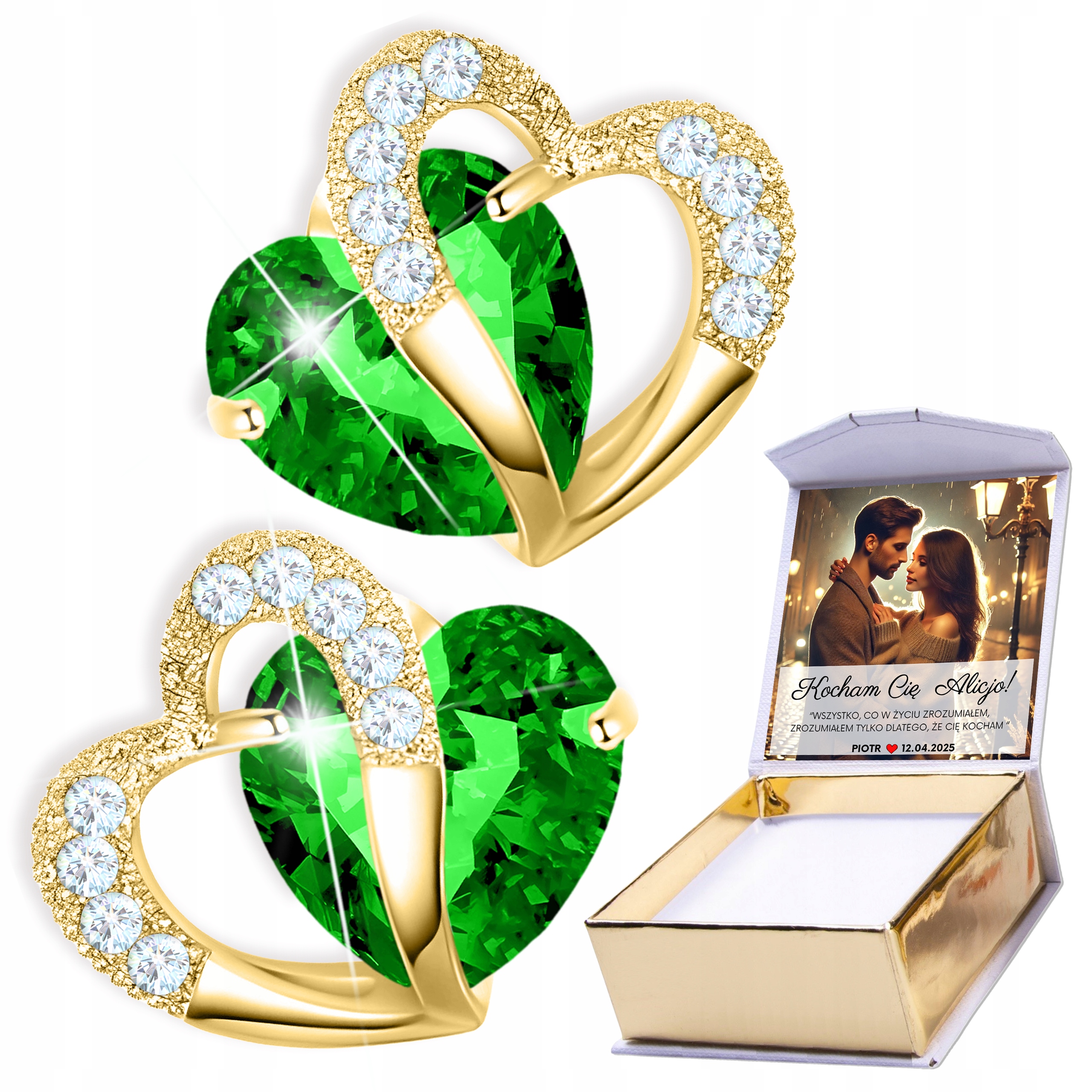Zlaté Náušnice 925 Zelené Křišťálové srdce Srdíčka s potiskem zirkonů