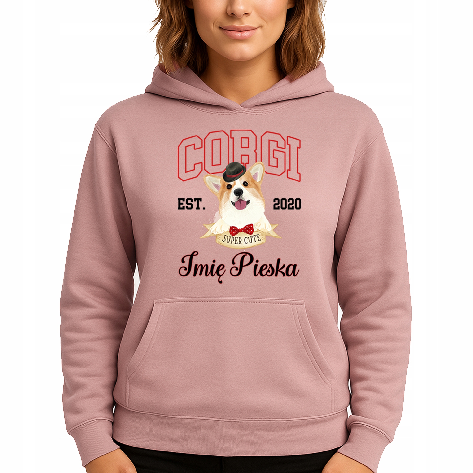 Mikina S Kapucí Růžová bavlněná mikina Módní Corgi Jméno Pejska Vel M