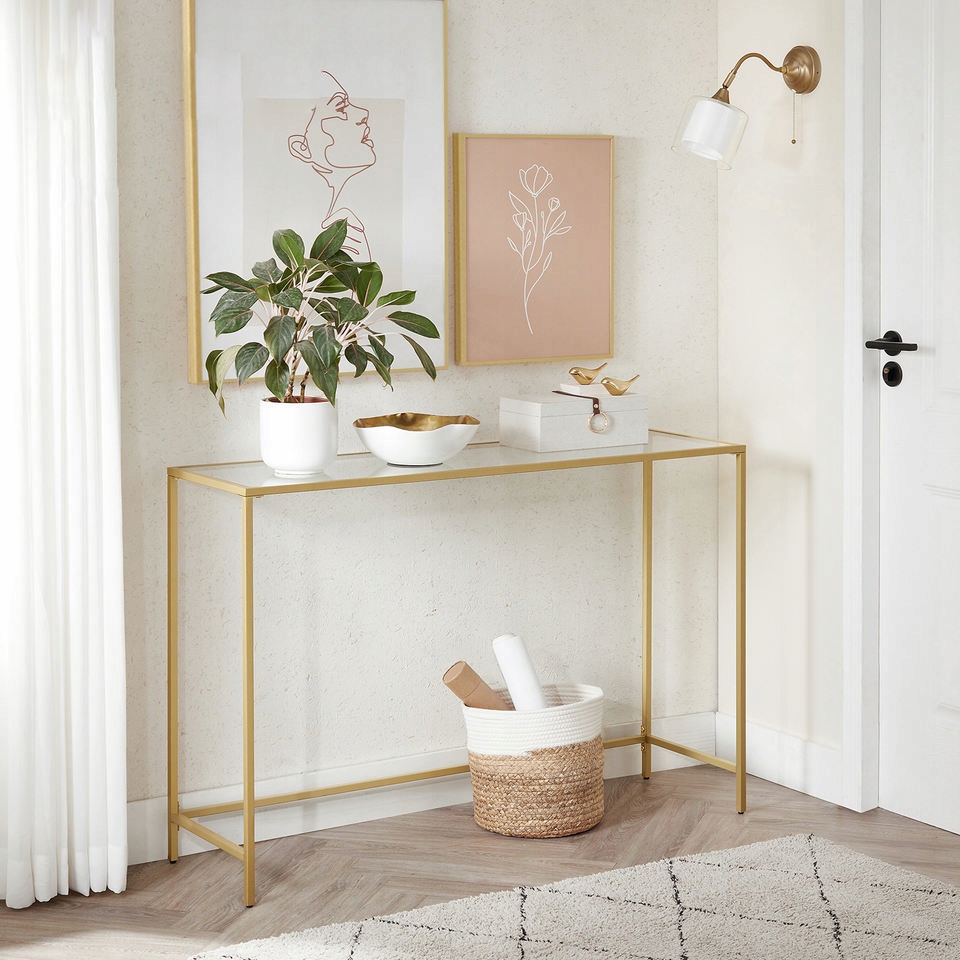 KONSOLA SZKLANA ZŁOTA STOLIK DO SALONU PRZEDPOKOJU PÓŁKA WĄSKA STOLIK Kod producenta konsolka glamour