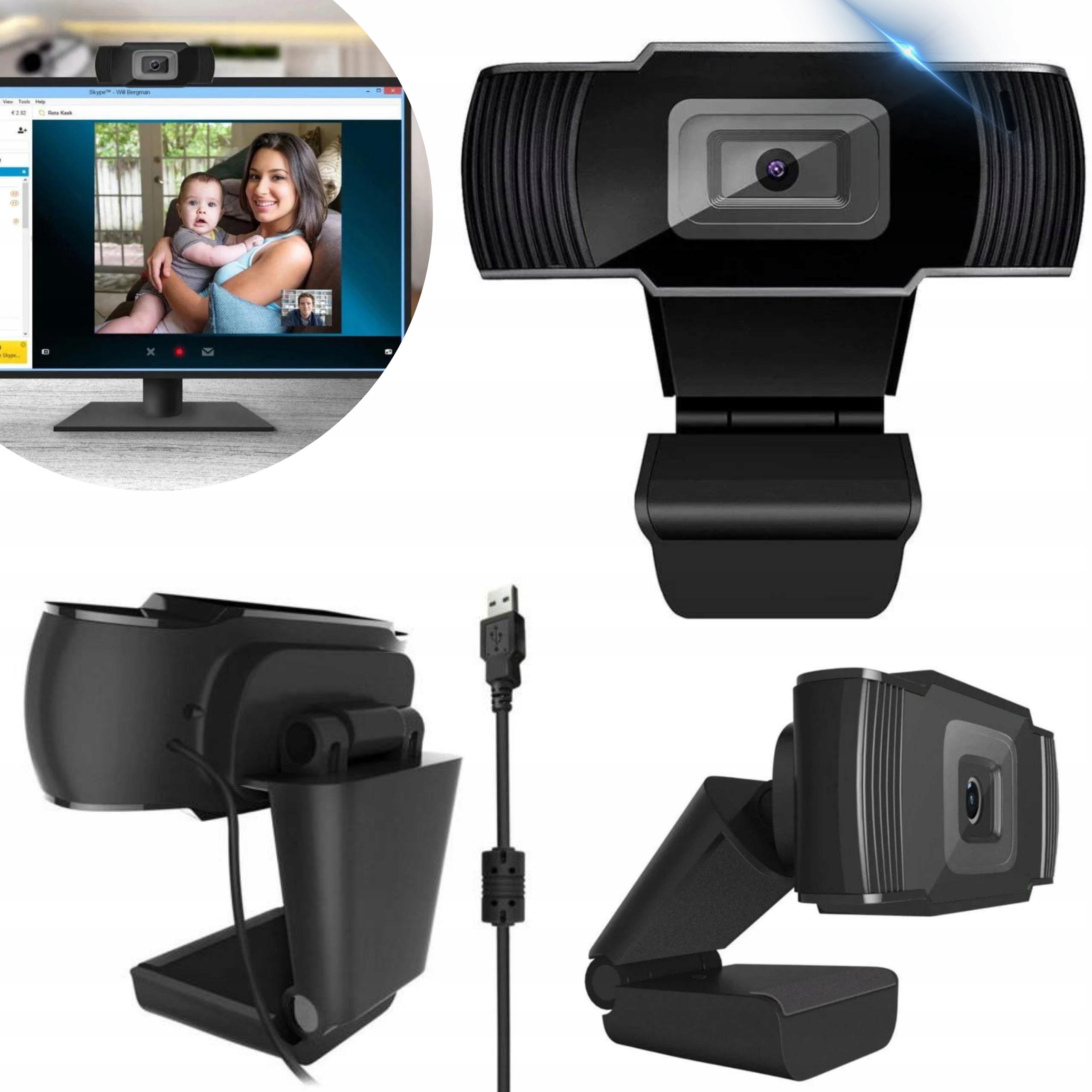 KAMERKA KAMERA INTERNETOWA DO KOMPUTERA USB CZARNA FULL HD 1080P MIKROFON