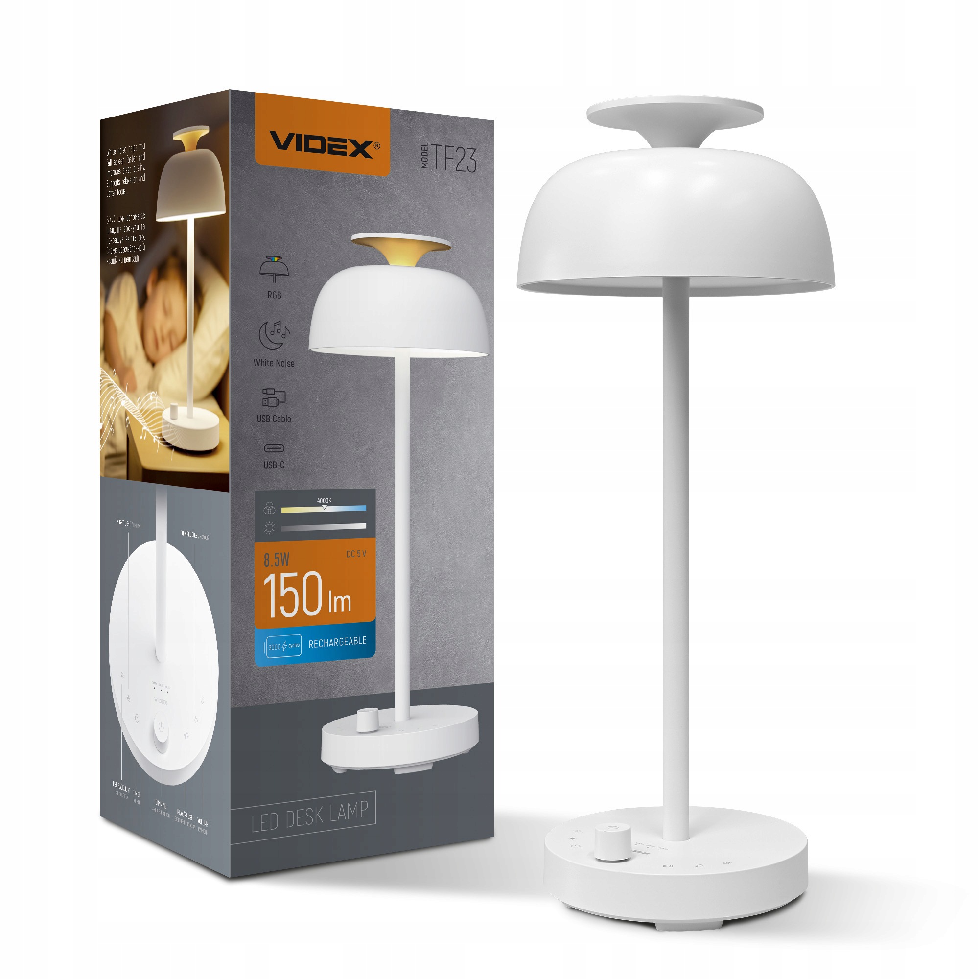 Lampka Biurkowa Led na Biurko 8.5W 150lm Rgb 4000K 120° CRI90 Biała Usb-c