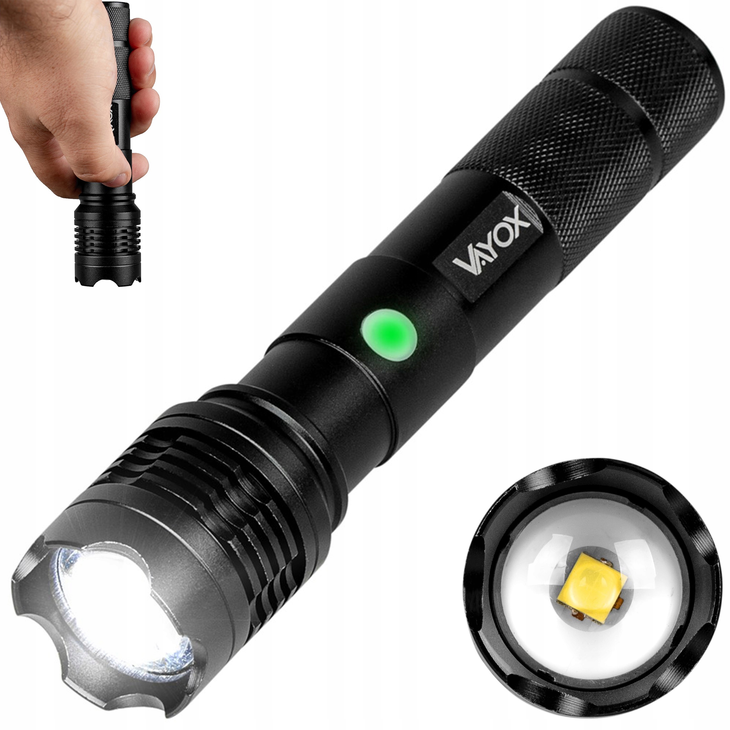 BARDZO MOCNA LATARKA TAKTYCZNA LED IPX AKUMULATOROWA USB-C SZPERACZ ZOOM