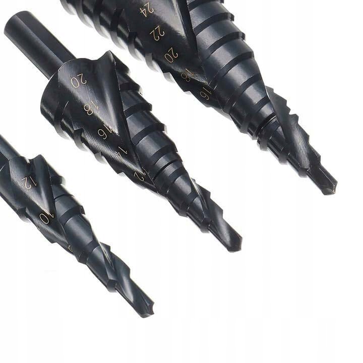 Wiertła stopniowe stożkowe spiralne zestaw 3 szt Hss 4341 Dfja