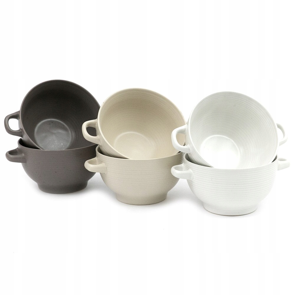 Bulionovky Misky Na Polévku Bílá Béžová Hnědá 600ml Kpl 6 Ks MIX Pruhovaných