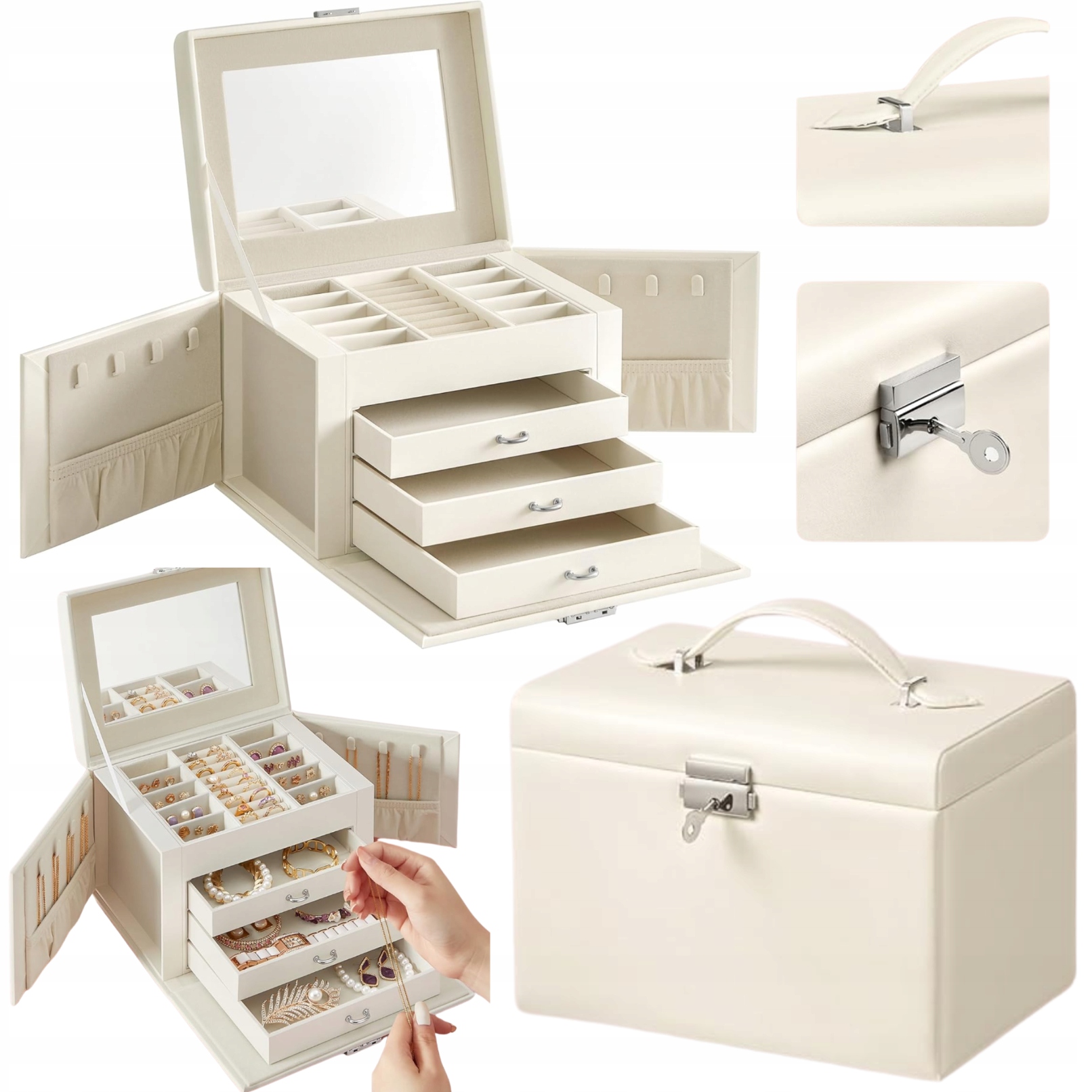 Krabička Kufřík na šperky s úchytem a zrcadlem Uzamykatelná Krabička Bílá