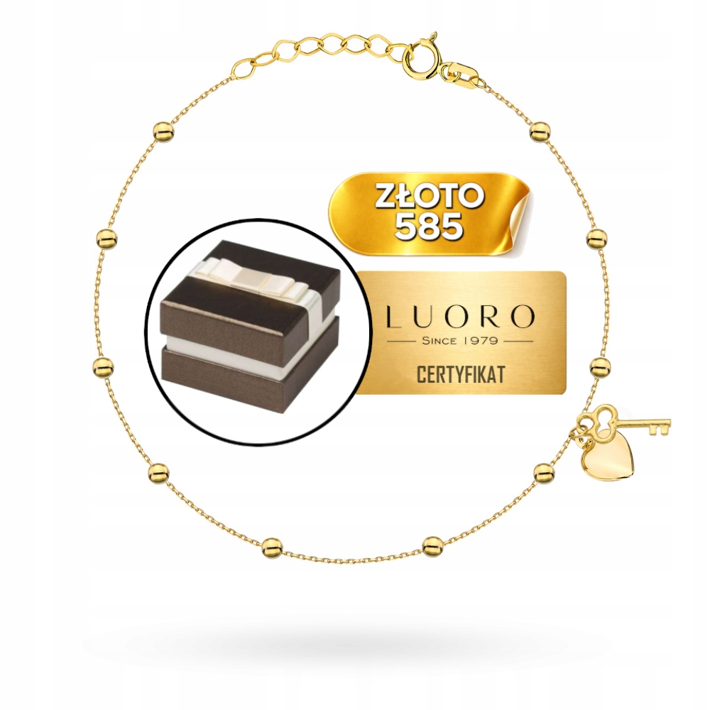 Náramek Zlatý 585 14K Celebrity Kuličky Srdce Klíč 17 CM Nastavitelný