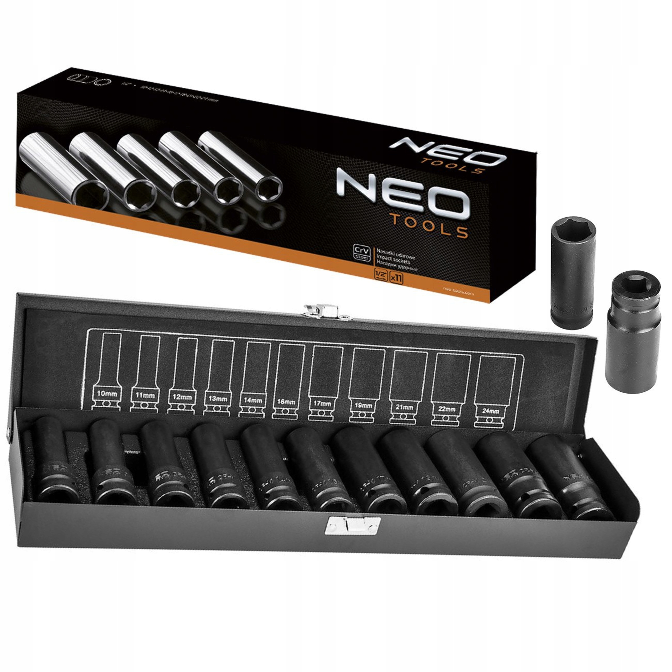 NEO 12-102 NASADKI UDAROWE DŁUGIE 11 ELEM 10-24mm 1/2'''' METALOWA WALIZKA