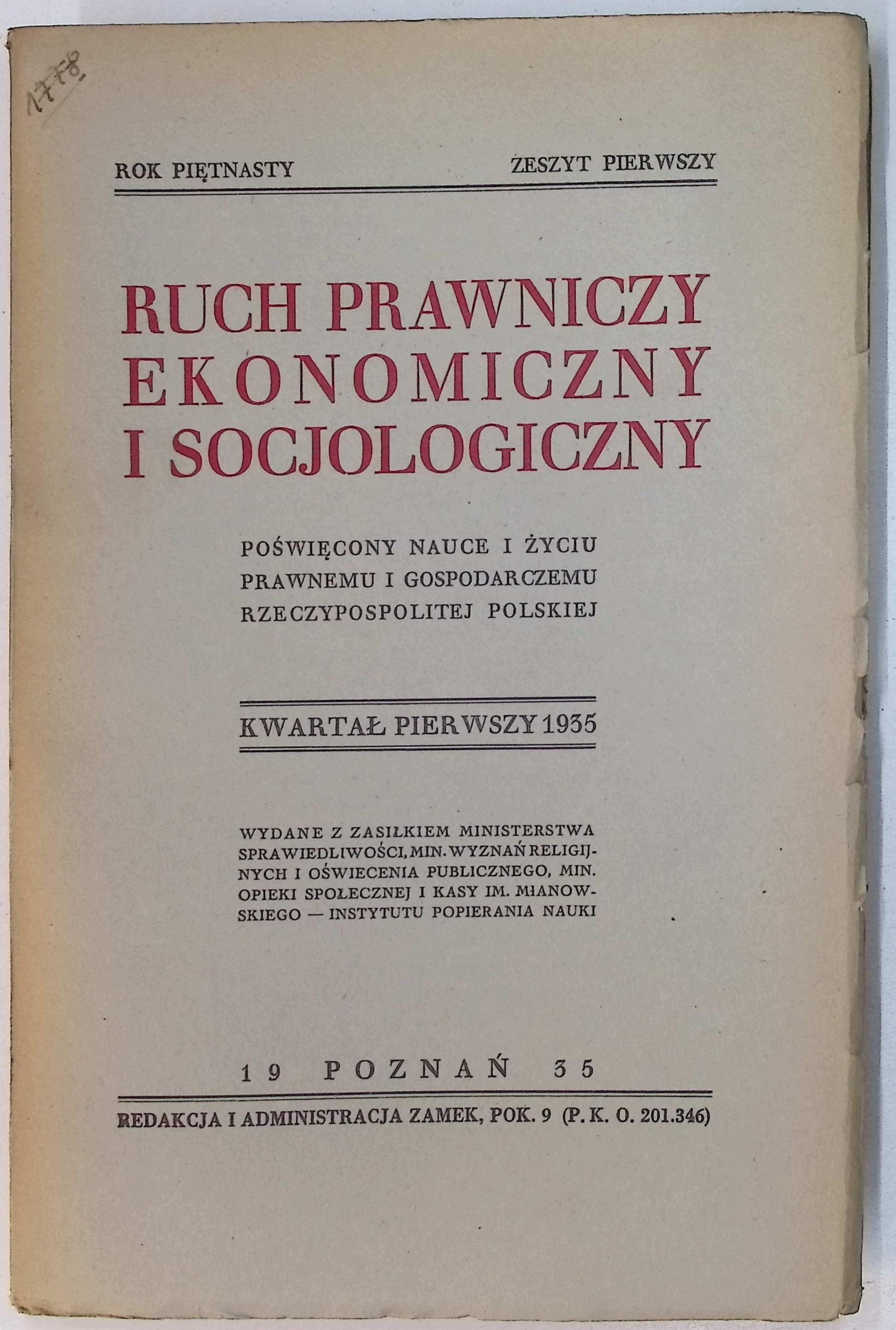 Ruch prawniczy, ekonomiczny i socjologiczny. Rok 15, zeszyt 1 (1935 r.)