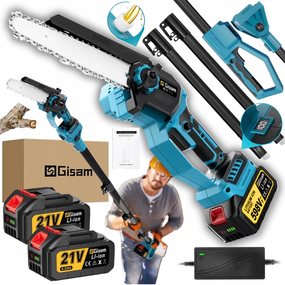 Piła Łańcuchowa Akumulatorowa Teleskopowa Na Wysięgniku Pilarka 2xAKU 3.0Ah