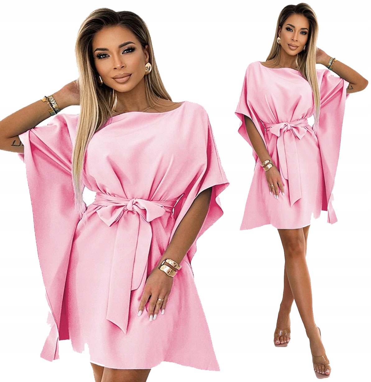 Krásné Šaty Motýl S Páskem Asymetrické Rukávy Pastelově Růžová 2XL/3XL