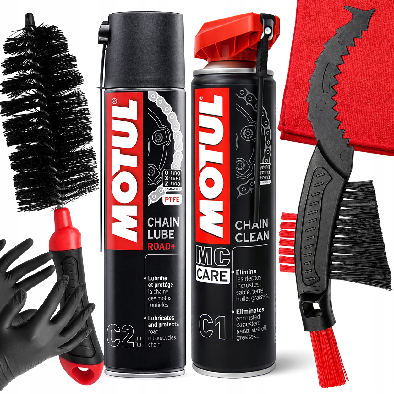 Motul Odstraňovač A Mazivo Na Řetěz Jízdního Kola Kartáče Mikrovlákno Rukavice
