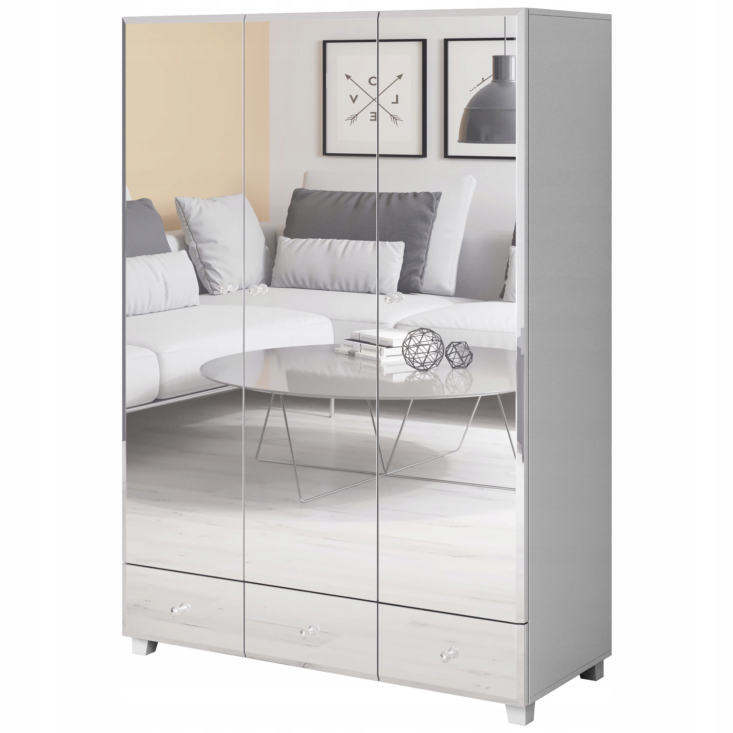 

Biała Szafa 130 cm z szufladami lustrzany front