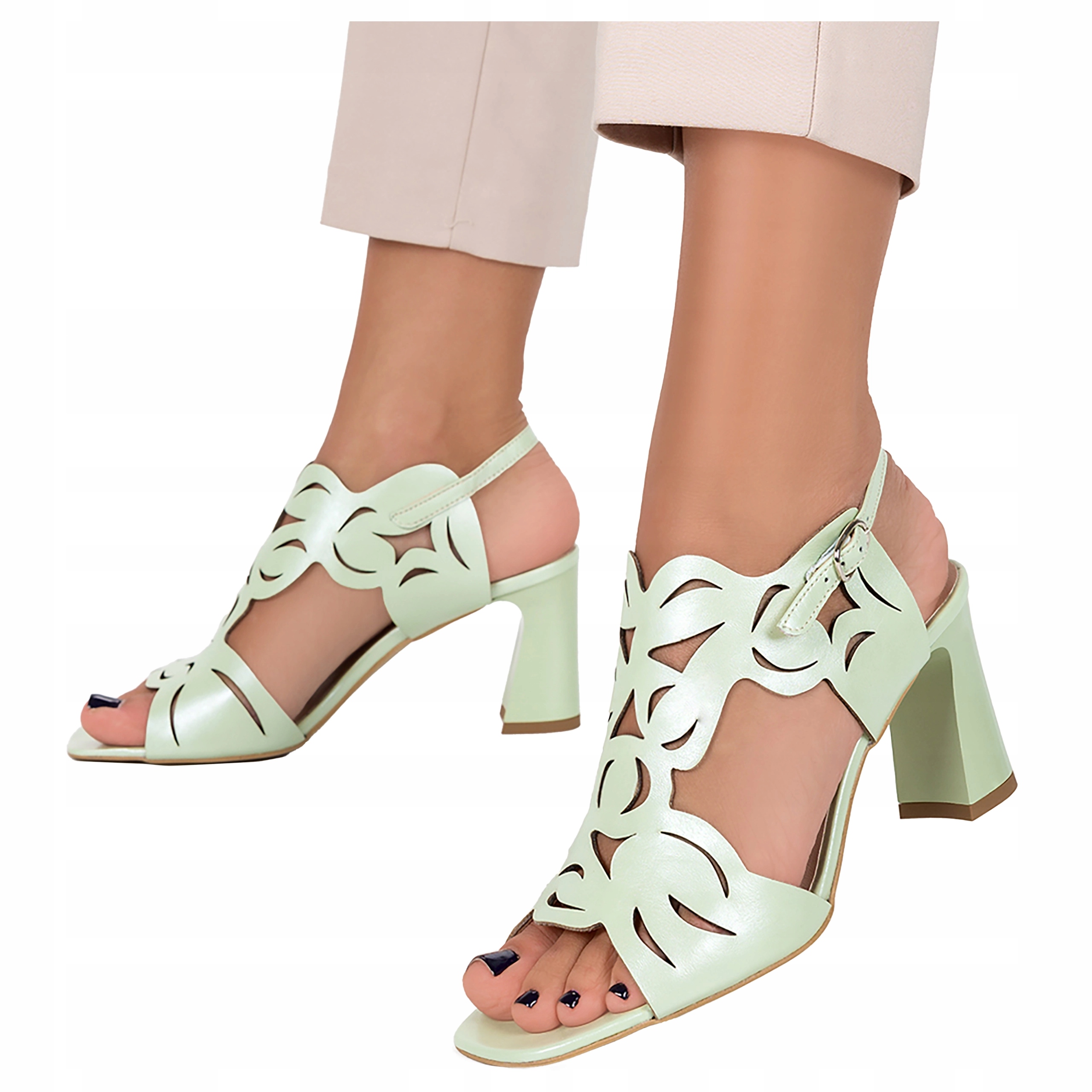 Dámské Pistáciové Kožené Sandály na podpatku, Polský výrobek, velikost 41