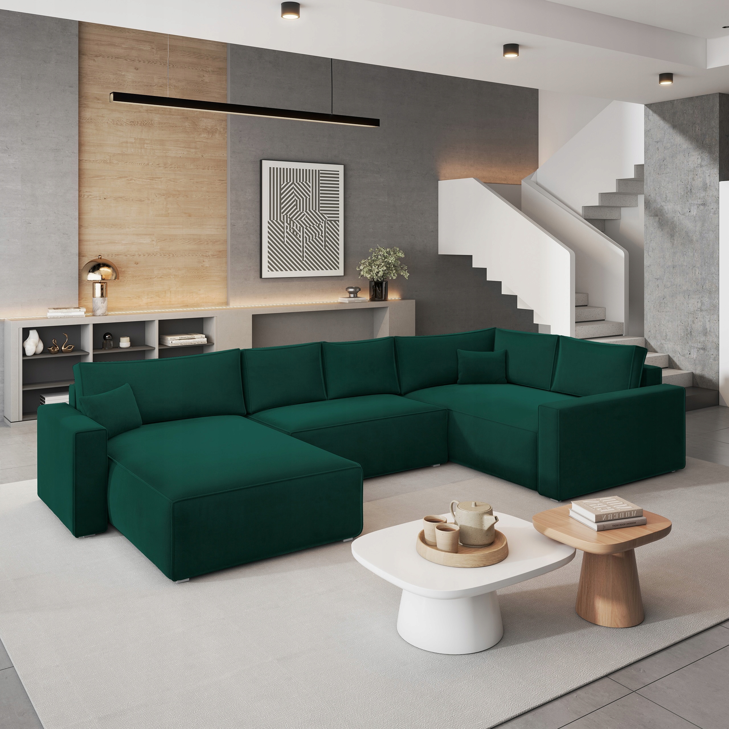 Rohová Sedací Souprava Velami Funkce Spania Moderní Velur Lahvově zelená barva