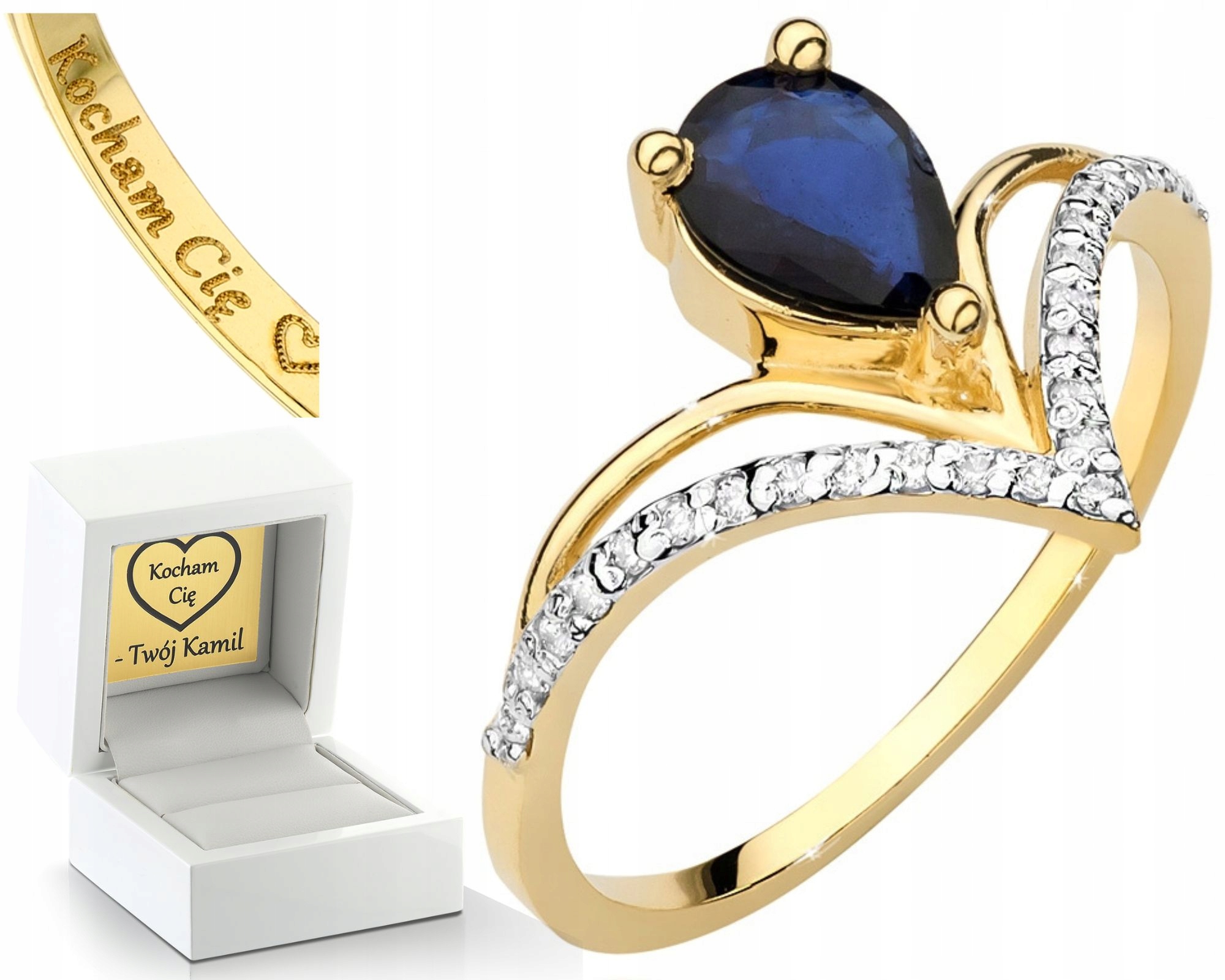 Zlatý Prstýnek Se Safírem A Brilianty 0,585