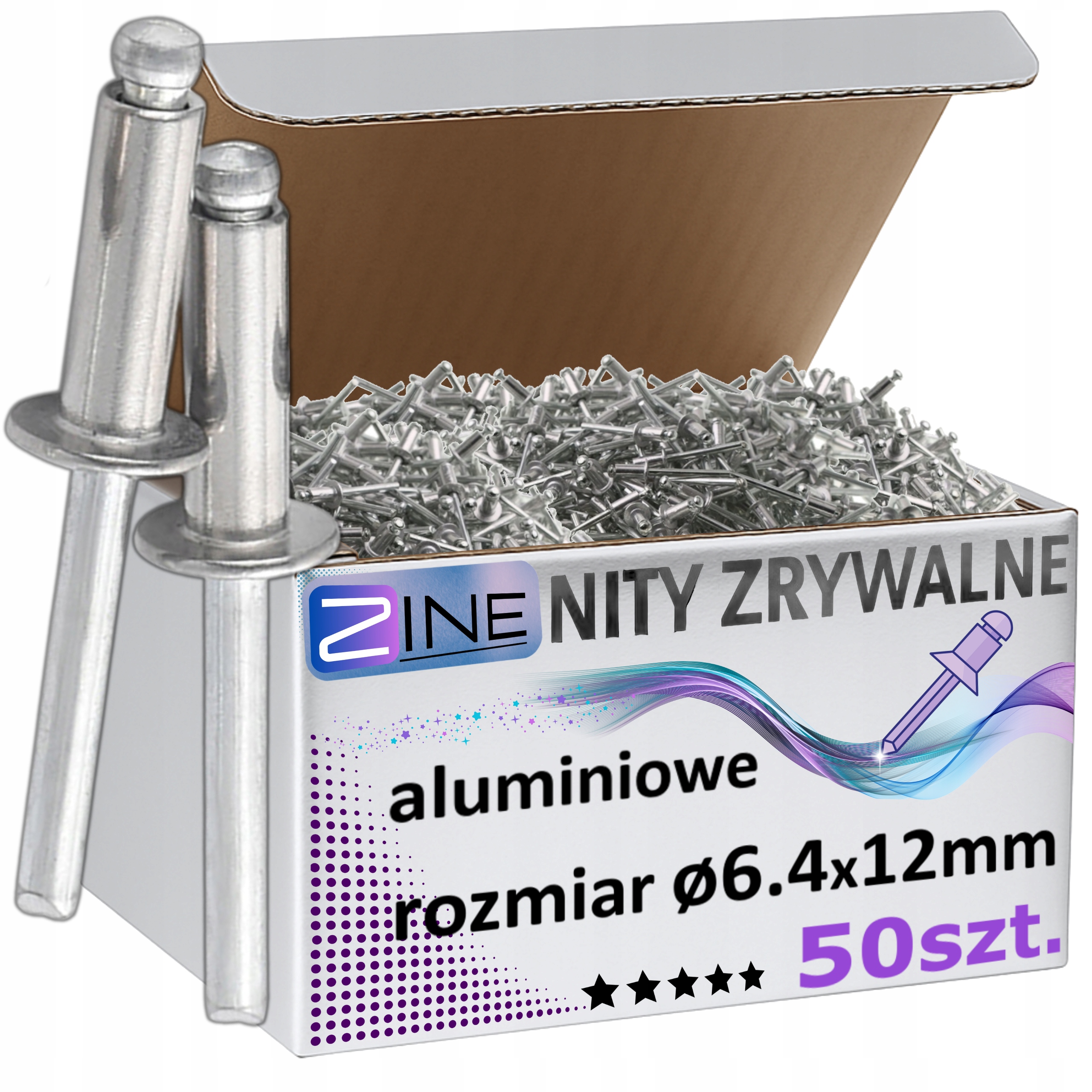 Nity Zrywalne Aluminiowe 6.4x12mm Odporne na Rdzę Zestaw Nitów Zine 50sztuk