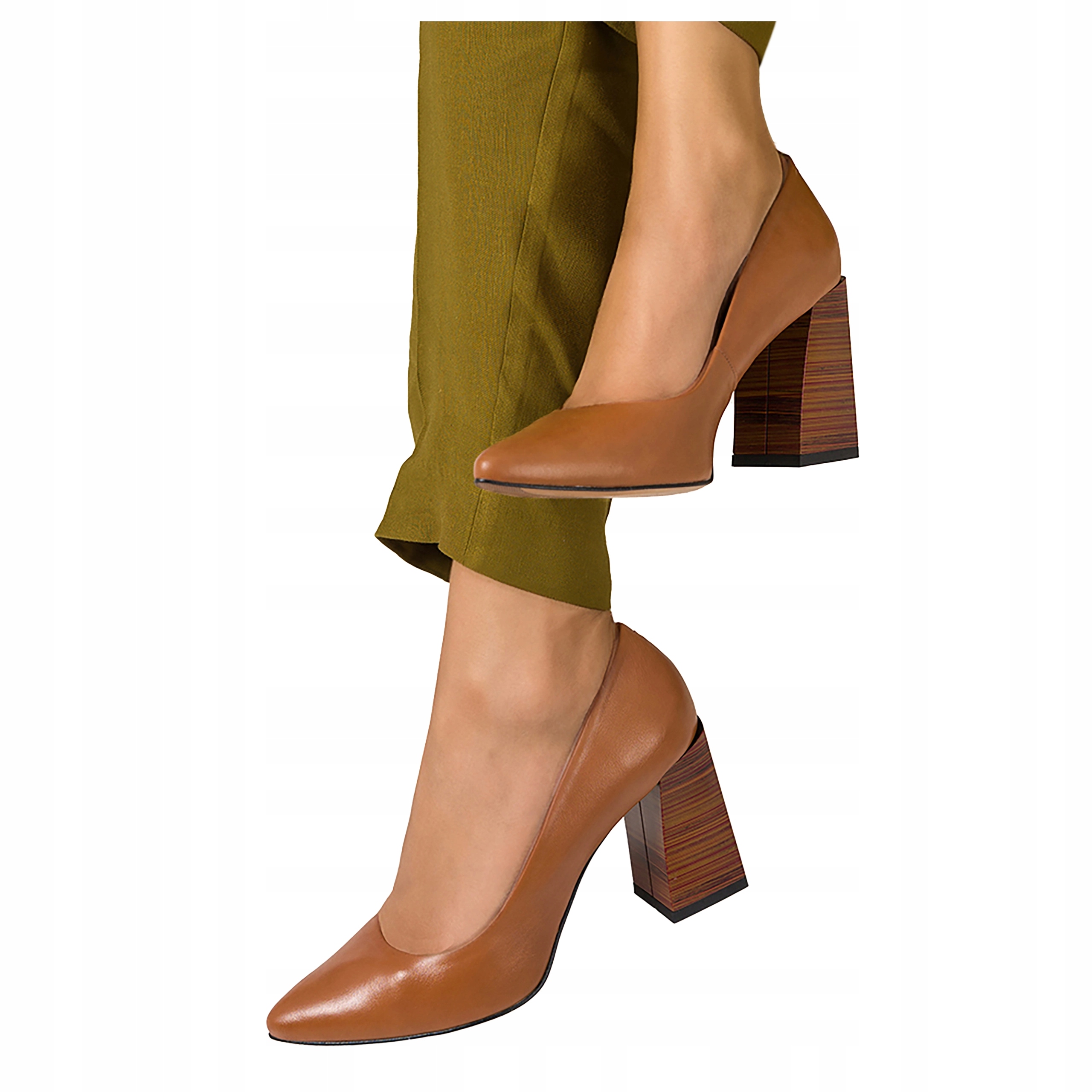 Kožené Dámské lodičky Hnědé Na ozdobném bloku Polský Výrobek vel. 36