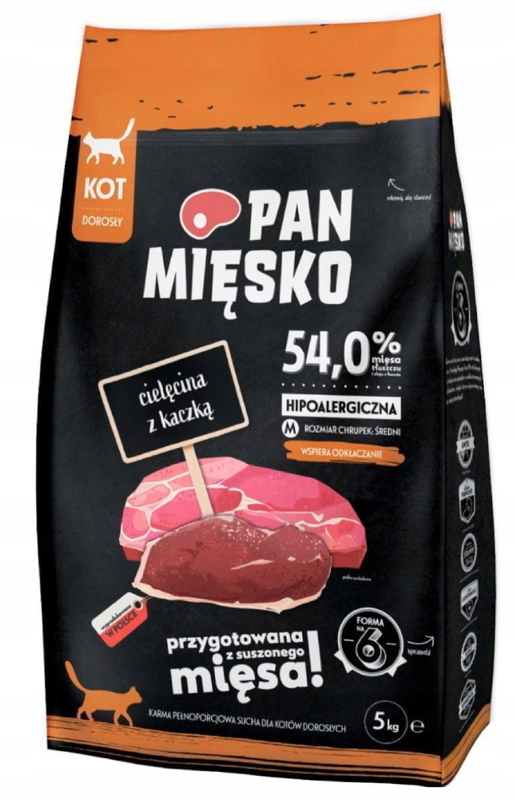 Sucha karma dla kota Pan Mięsko Cielęcina z Kaczką odkłaczająca 5 kg M