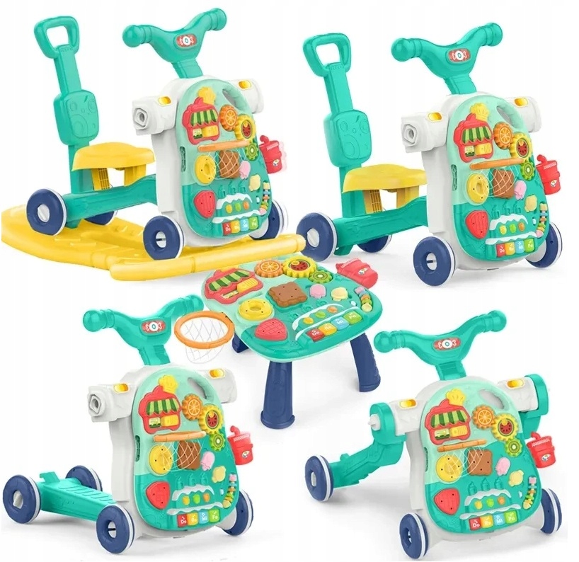 5W1 Piękny Turkusowy Jeździk Interaktywny Chodzik Pchacz Stolik Sensoryczny