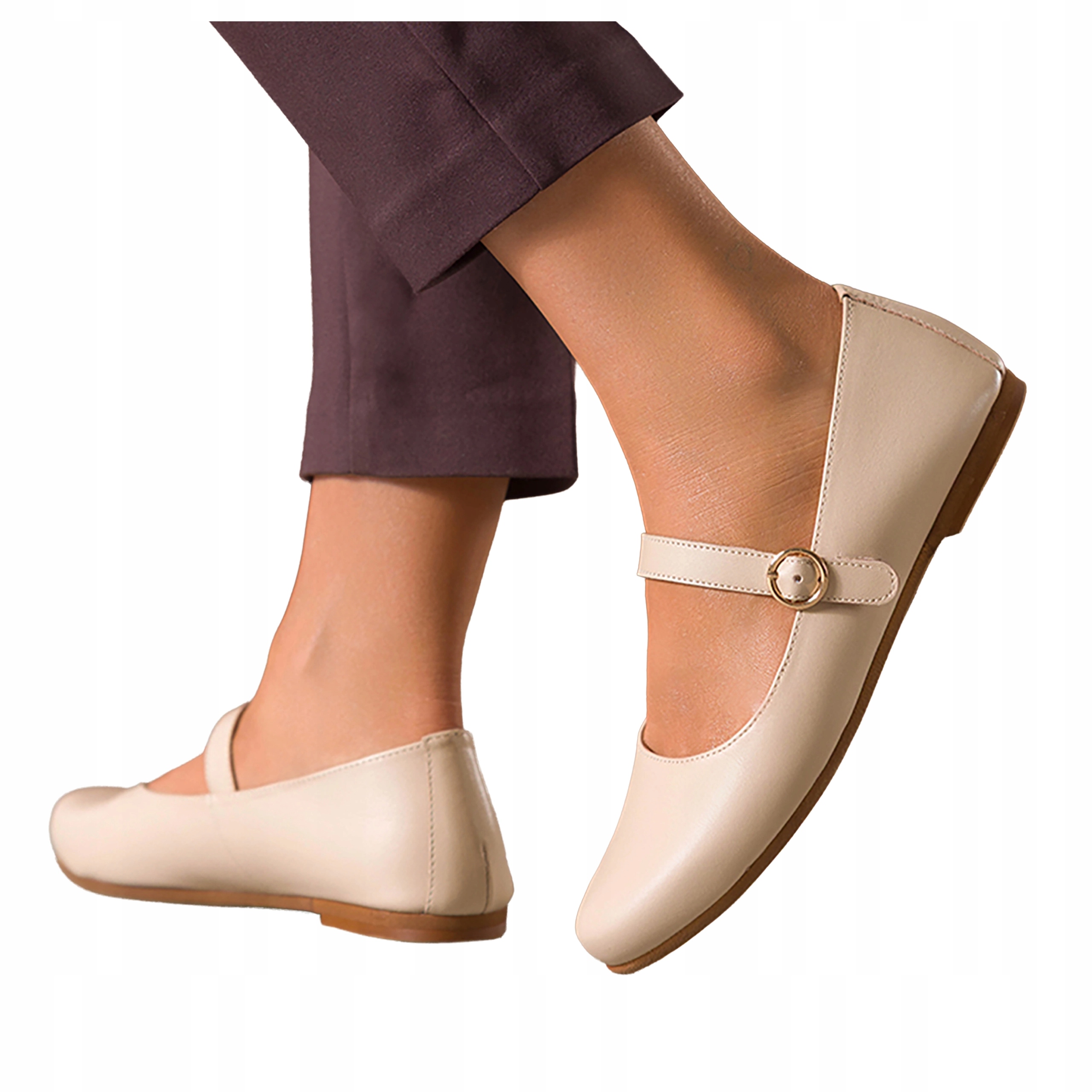 Beżowe Baleriny Damskie Mary Jane Z Paskiem Skórzane Polskie r 37