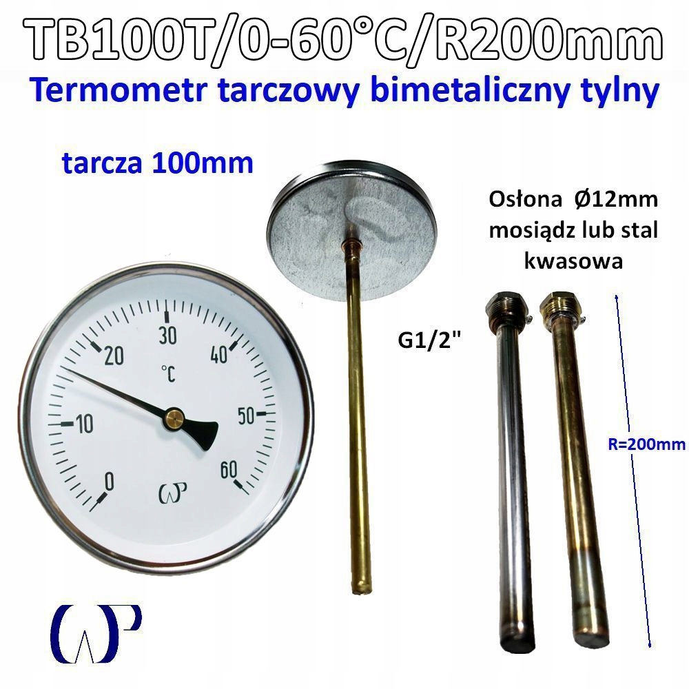 Bimetalický teplomer 100 mm TB100T 0-60°C kyslá krytka G1/2" 12x200 mm