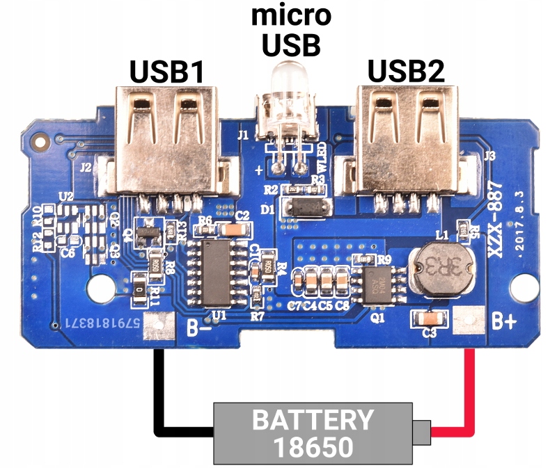 Moduł ładowarki power bank 2xUSB 5V 2A DIV Li-Ion Li-pol
