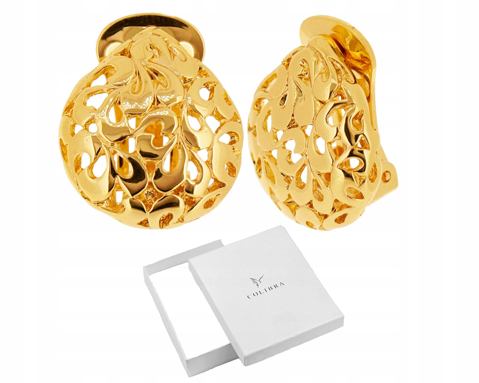 KLIPSY ZŁOTE Damskie na Uszy Pozłacane 24K Ażurowe Duże Biżuteria COLIBRA