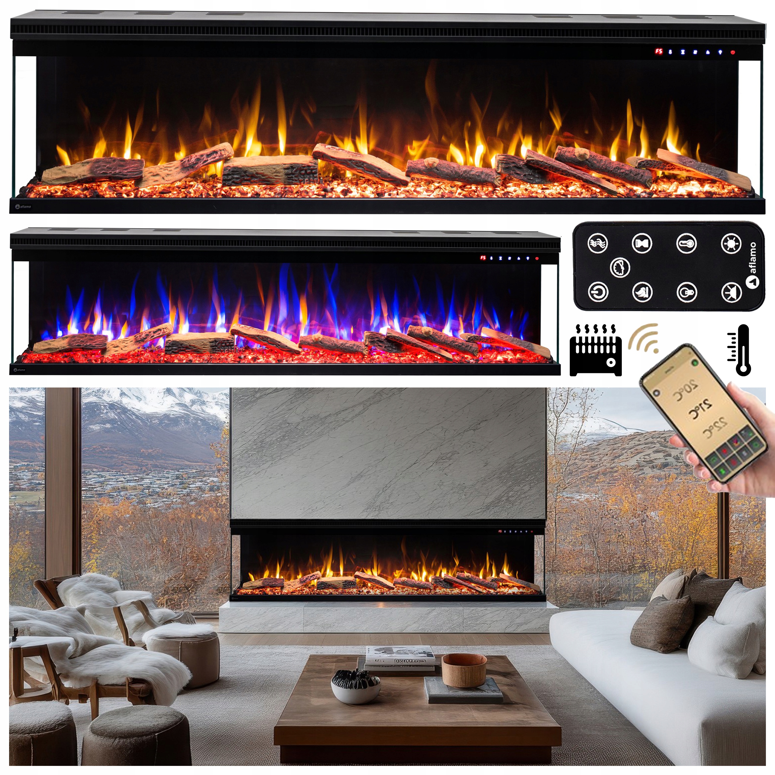 Aflamo Unique 183 Kominek Elektryczny Led do Zawieszenia Zabudowy Panorama