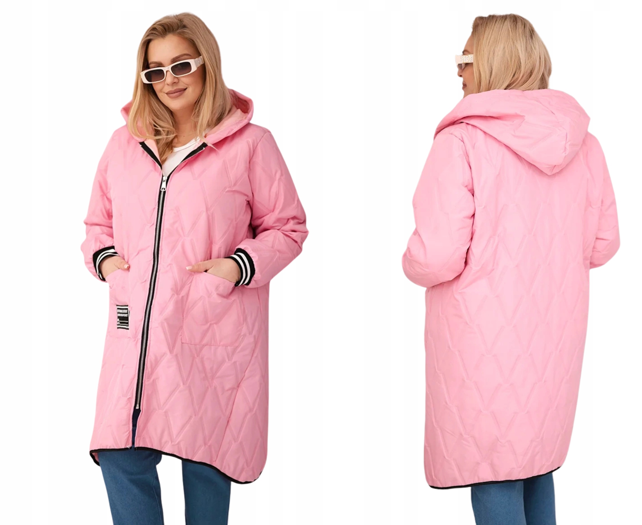 Světle růžová dámská prošívaná zateplená bunda Plus Size s kapucí
