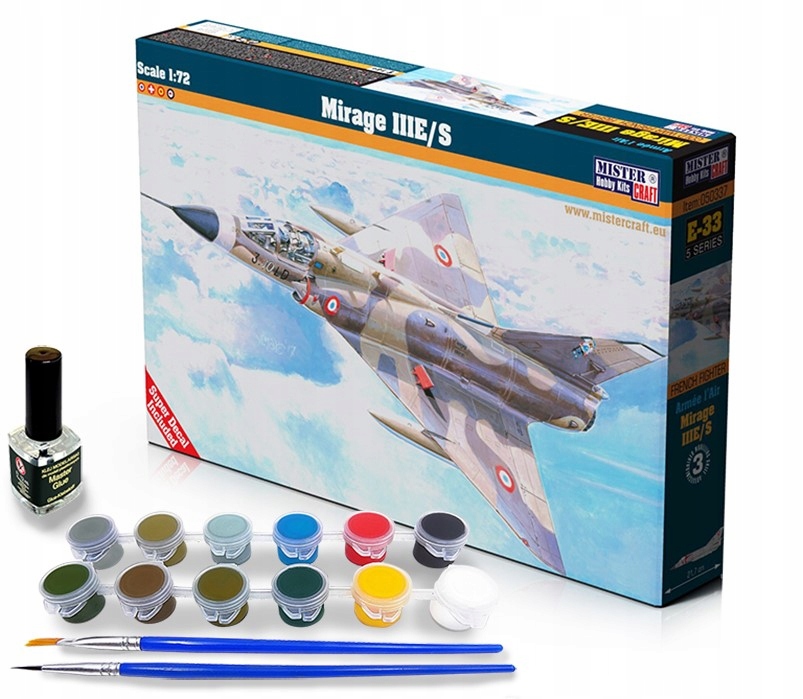 Mirage III E/s 1:72 farbki 2 pędzelki klej