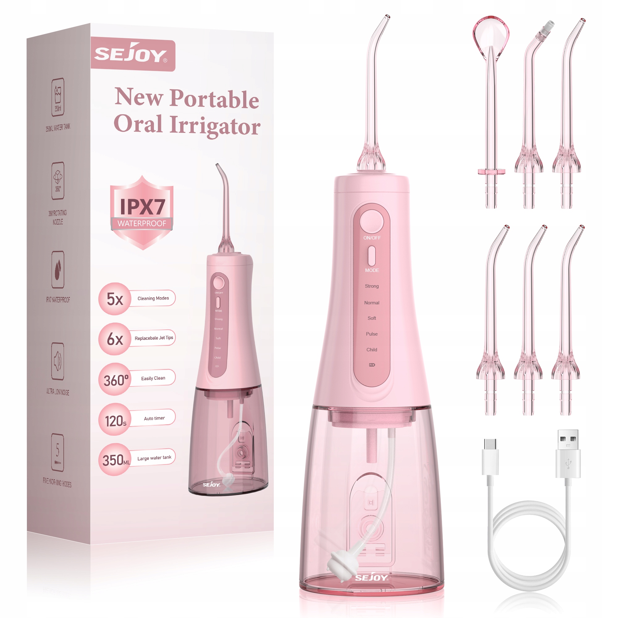 Bezprzewodowe Irygacja Zębów 5 TRYBÓW/6 Dysz, 350ML, Różowy