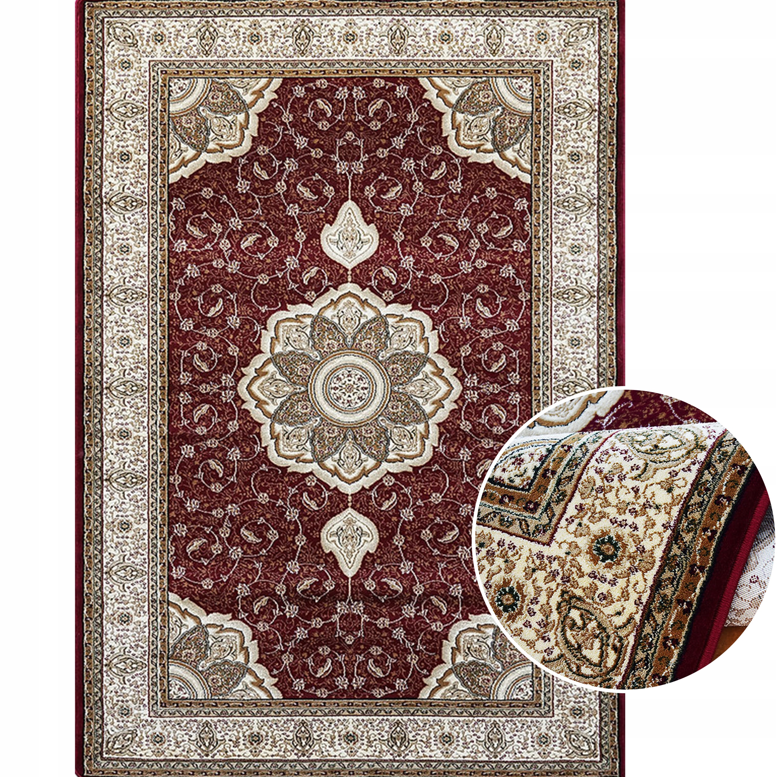 Klasyczny miękki dywan premium do salonu rozeta bordowy 150x300