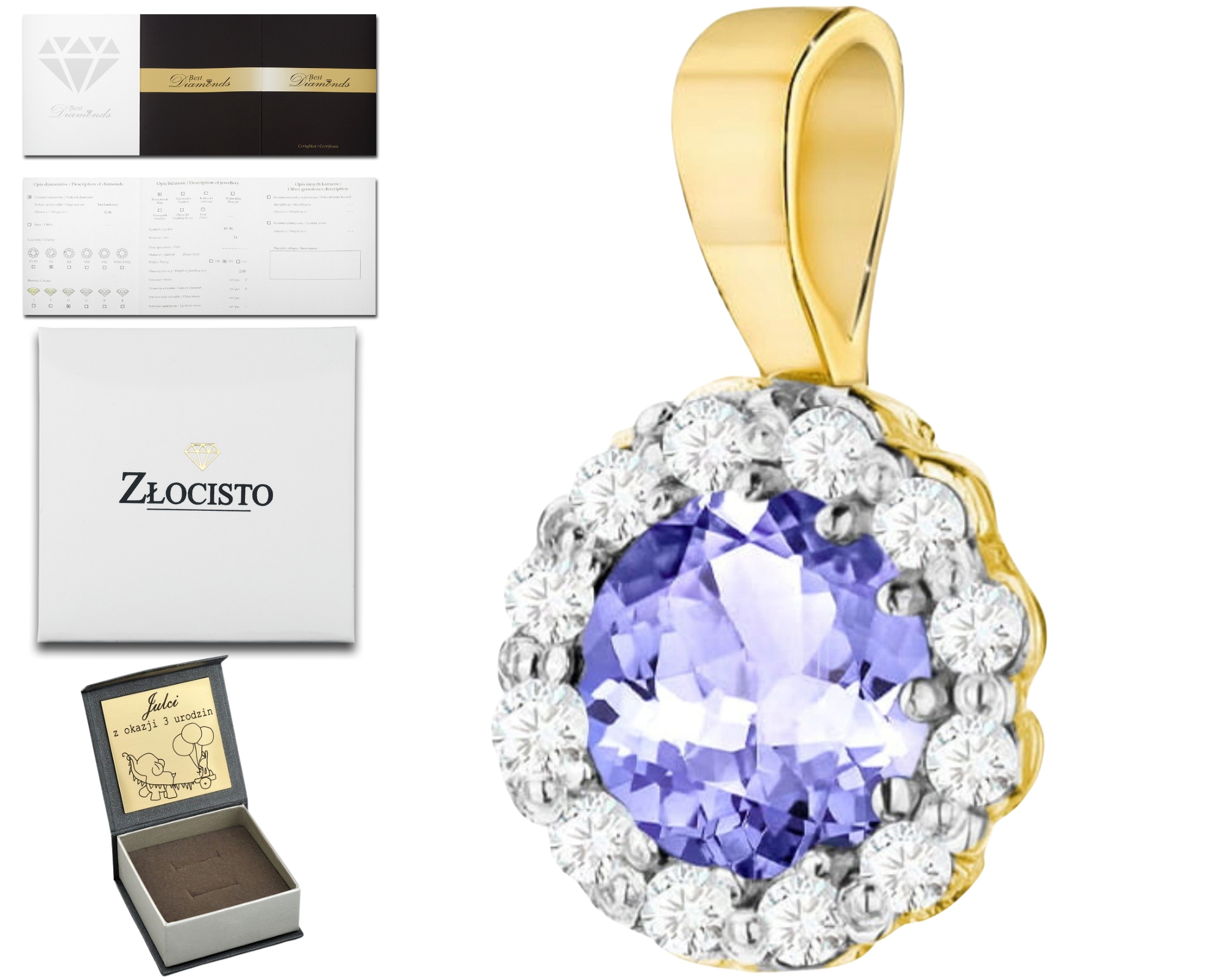 Přívěšek S Tanzanitem A Diamanty, Zlato 585, Dárek Dárkový Gravírování