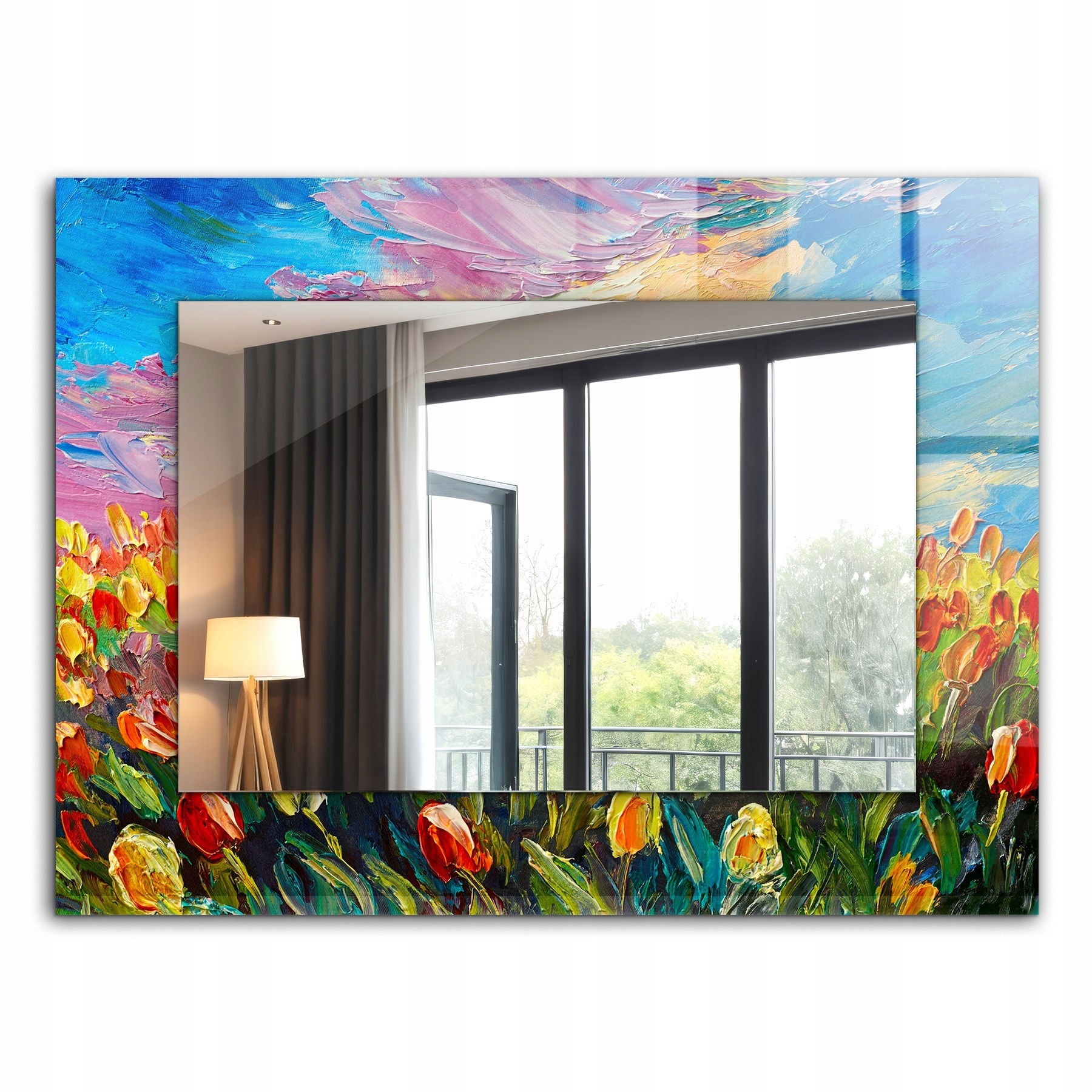 Krásné moderní zrcadlo s ozdobným rámem, dekor loft 80 x 60 cm, pole tulipánů