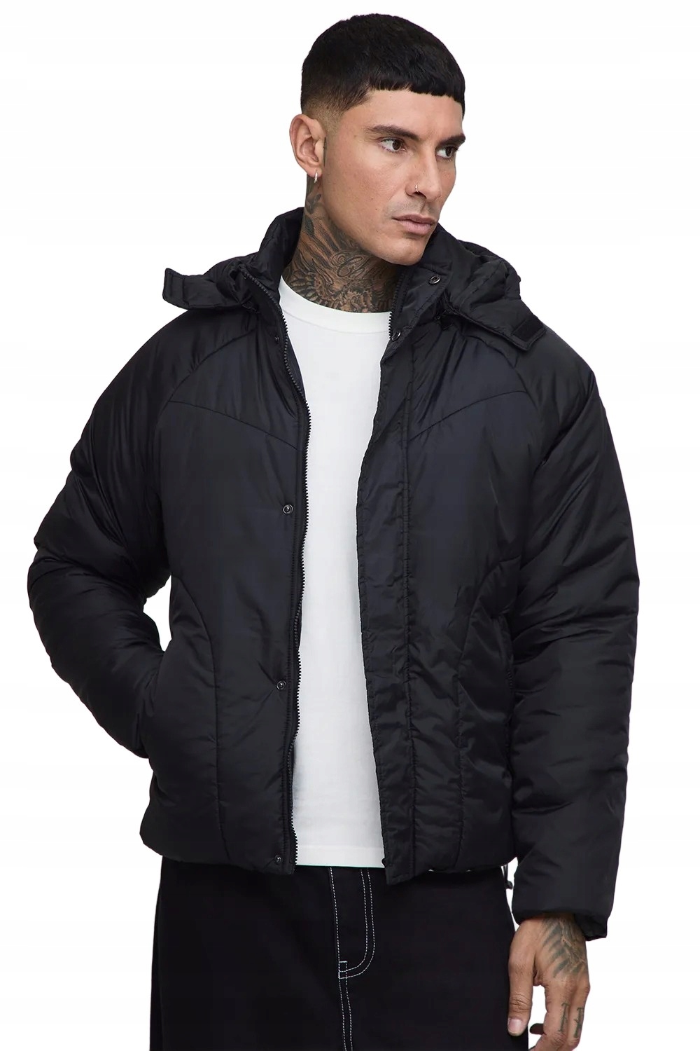 Boohooman Černá Pánská Bunda S Kapucí Prošívaná Do Boků XL Z3A