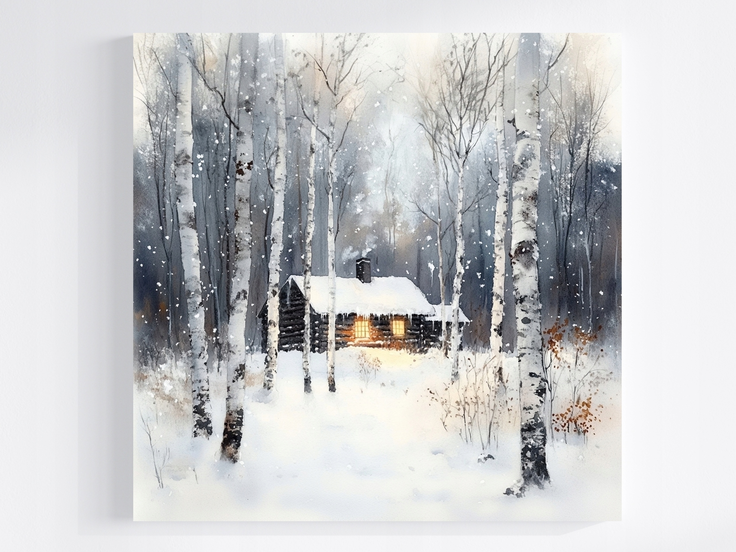 Obraz Na Plátně Canvas Chatka V Lese Zima Sníh Břízy Akvarel 60x60