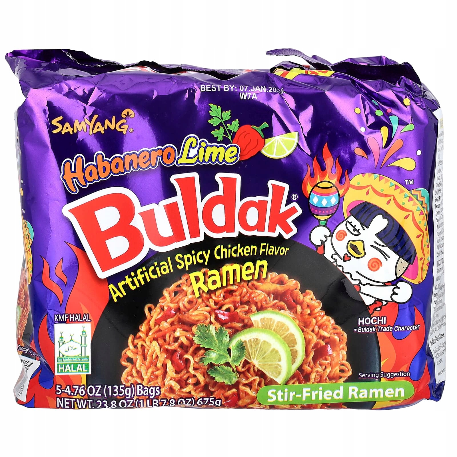 Buldak, smažený ramen, pikantní kuře, limetka habanero, 5 balení, po
