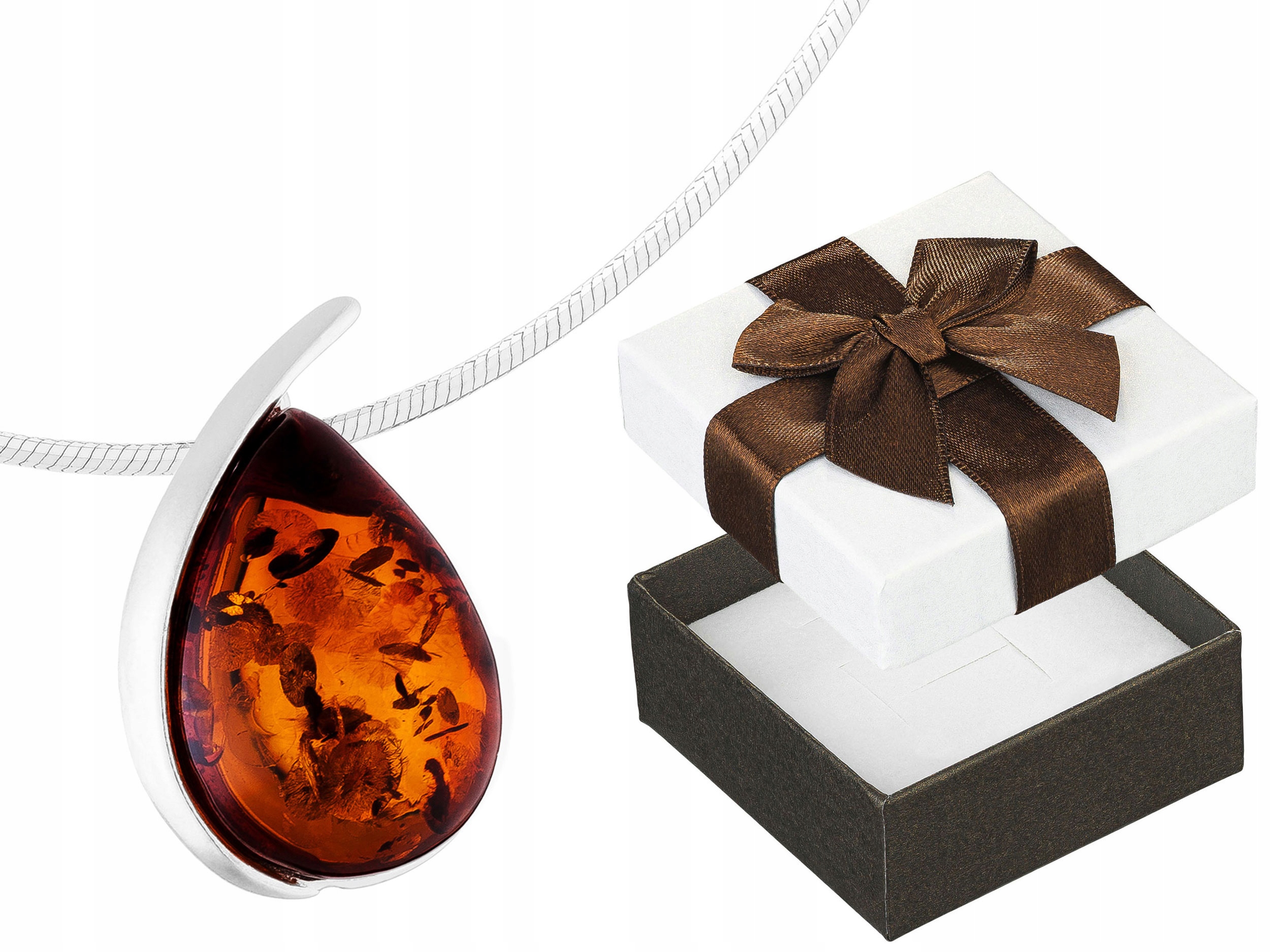 Dlouhý Stříbrný Dámský Náhrdelník Kapka s Jantarem Slza Jantar Řetízek 60 cm