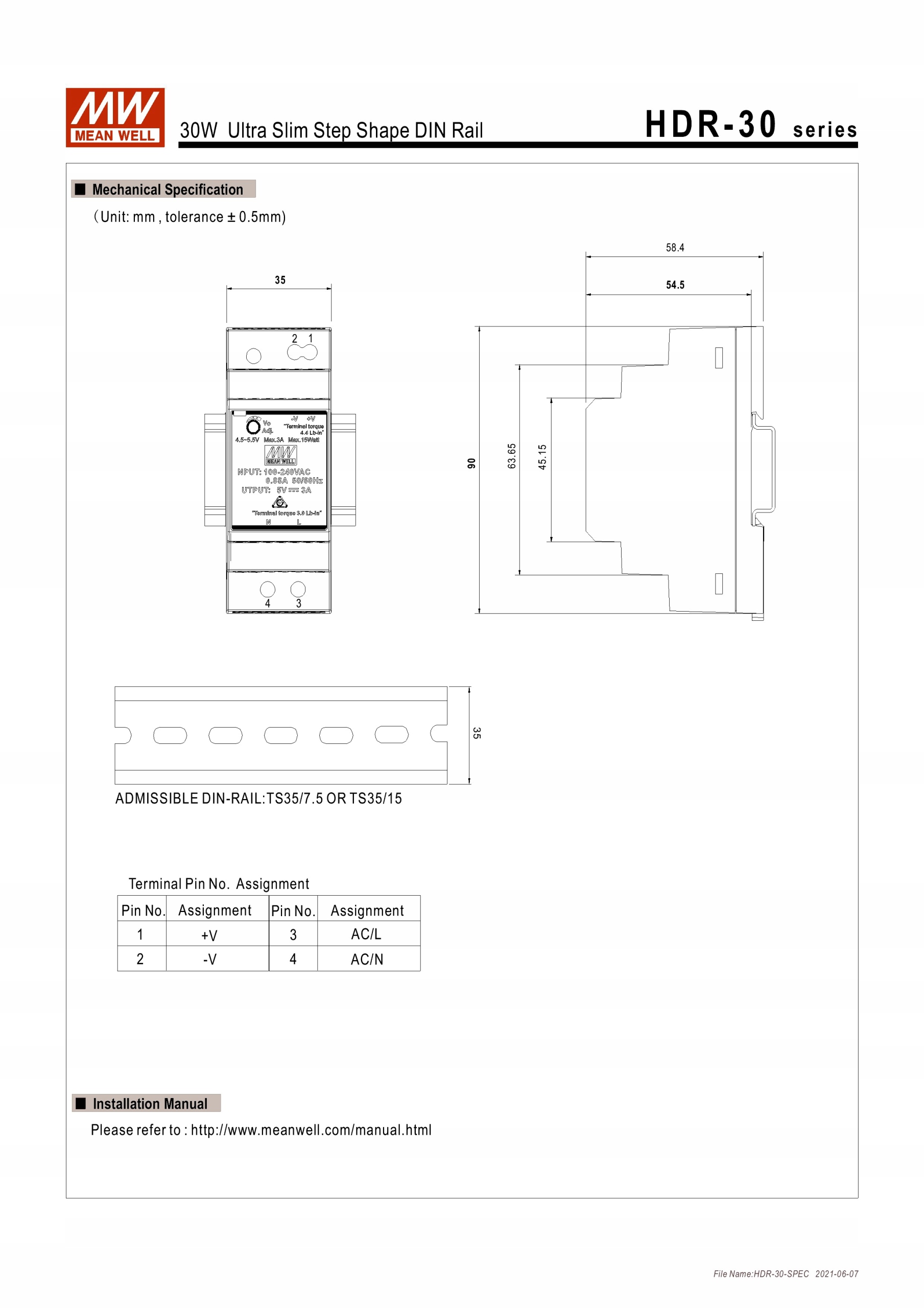 Zasilacz Mean Well HDR-30-5 DIN 5V 3A 15W Marka Mean Well