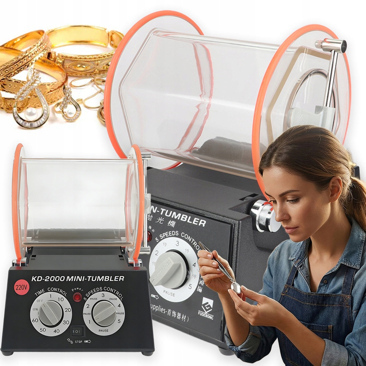 60W Otočná Bubnová Leštička Pro Leštění Šperků A Kovů 5 Rychlostních Stupňů