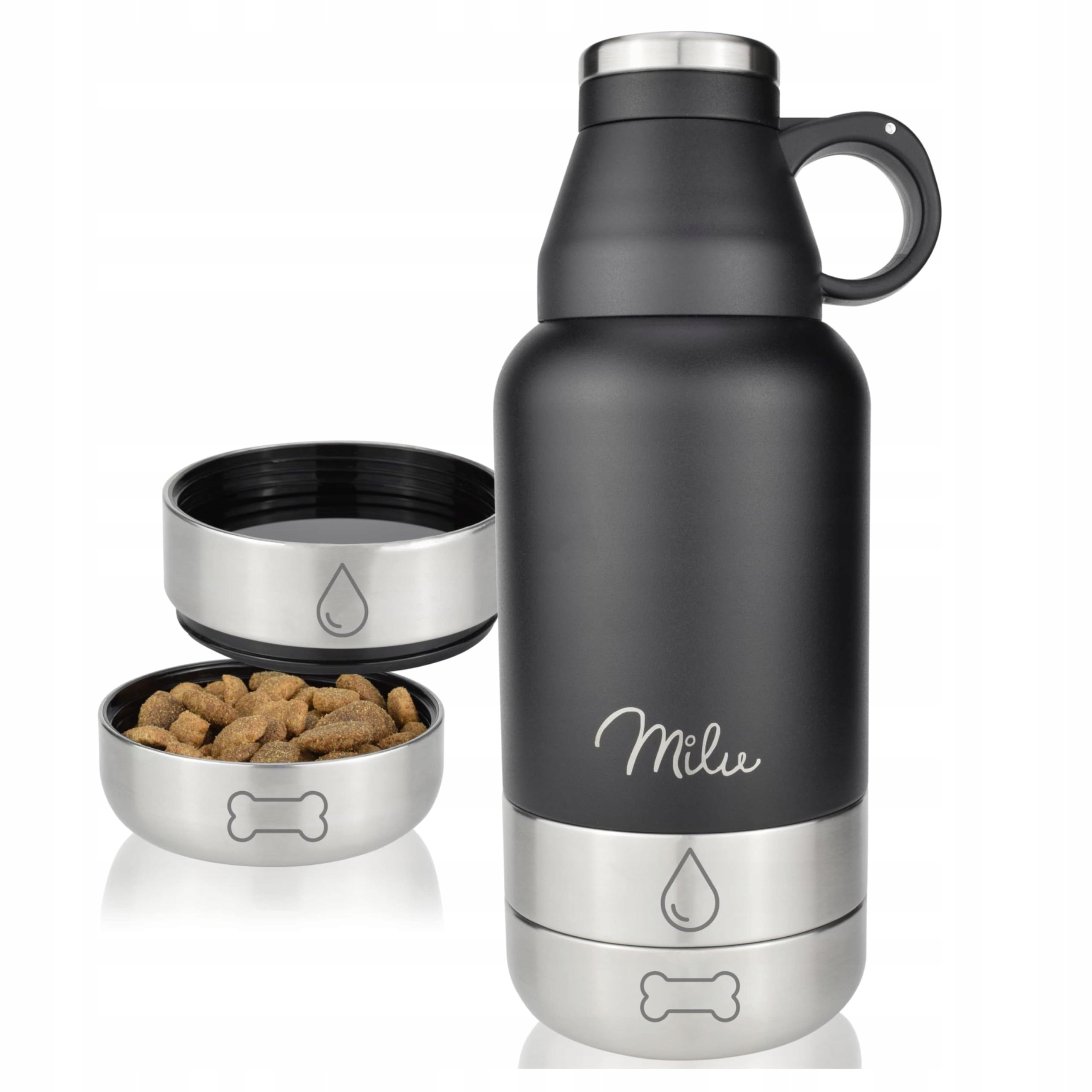 Levně Milu Láhev pro psy 950 ml s miskou na vodu a krmivo Nerezová Ocel