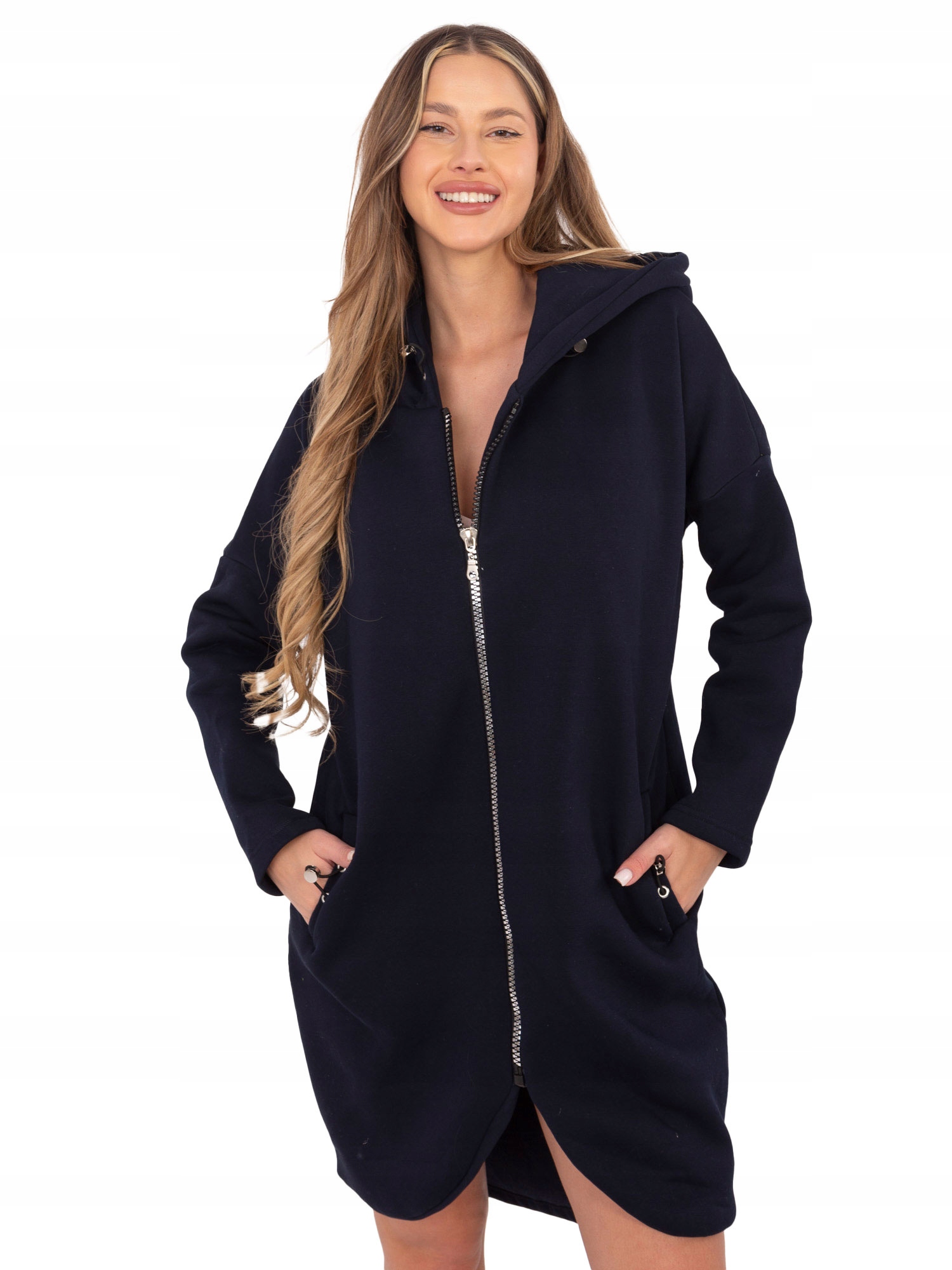 Bluza Damska rozpinana długa z kapturem ciepła asymetryczna