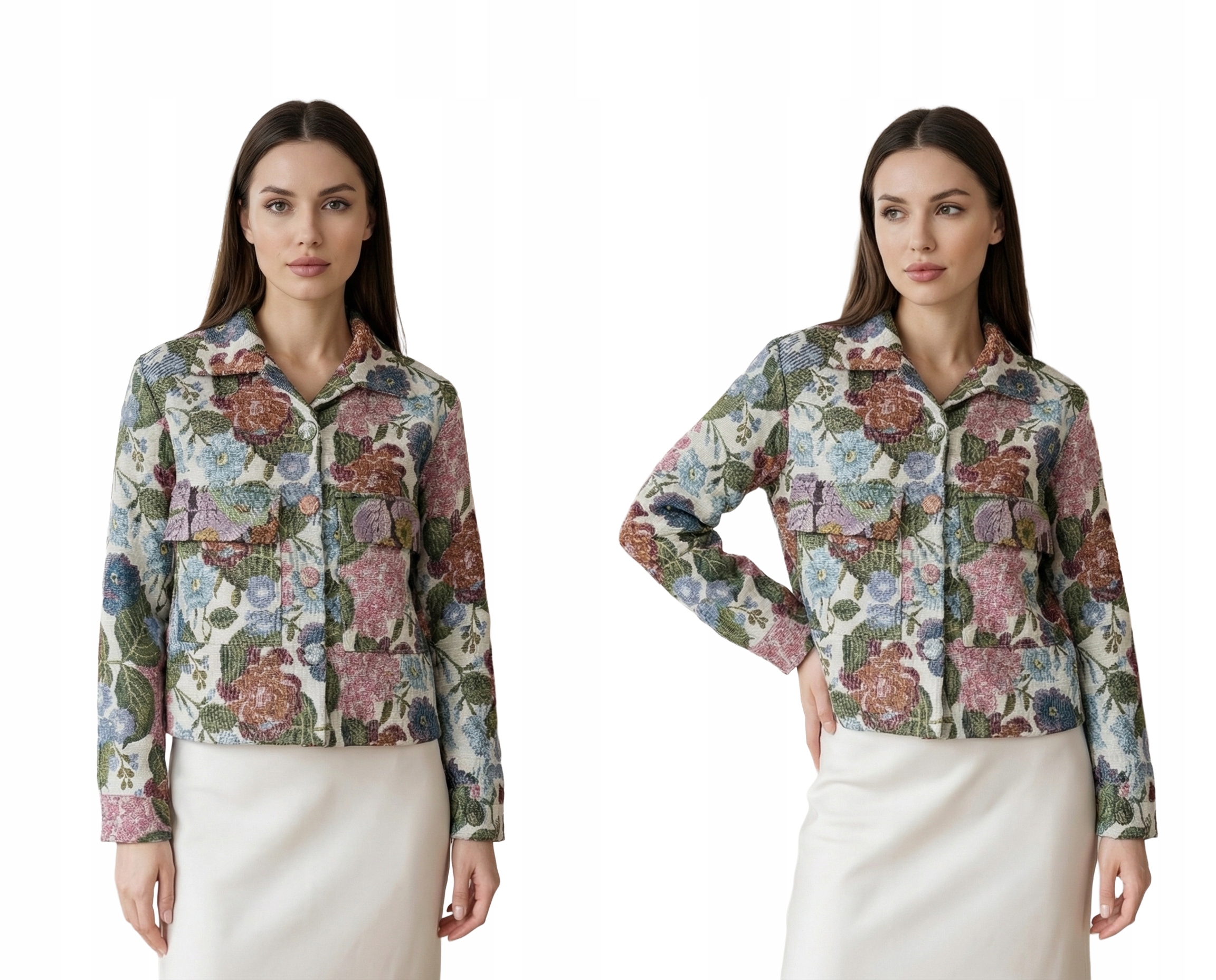 Dámská Žakárová Bunda S Květinami, Prémiová Vyšívaná Sako, Béžová, Uni