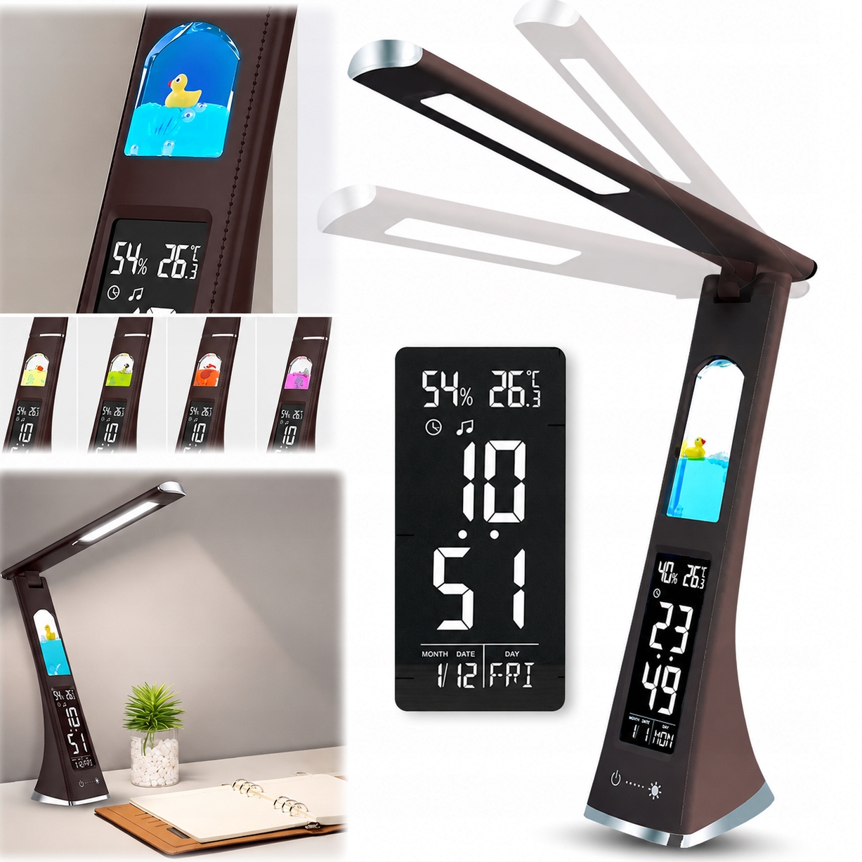 Skládací stolní lampa, noční lampa, Led hodiny s obrazovkou, hnědá s motivem