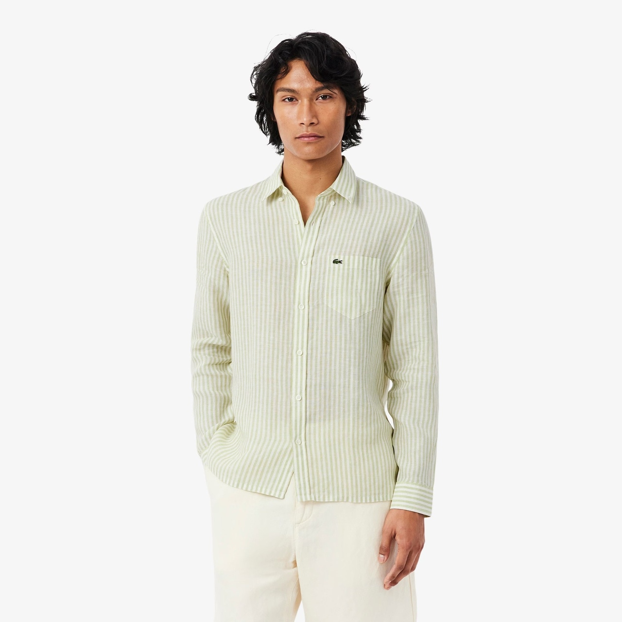 Lacoste Pánská pruhovaná lněná košile Green 41 M/L